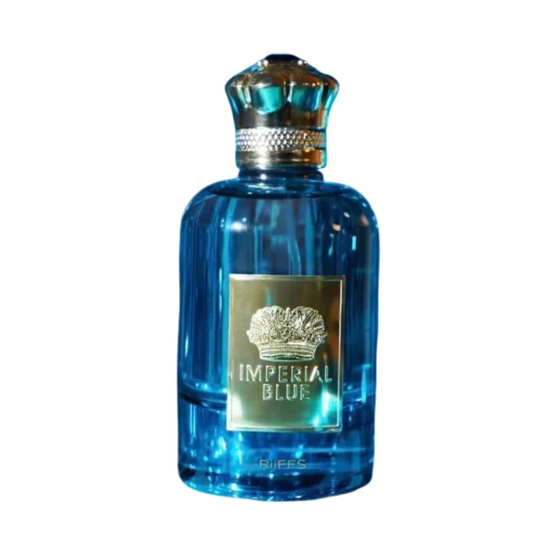 Parfum Imperial Blue dans un flacon en verre bleu élégant avec bouchon argenté