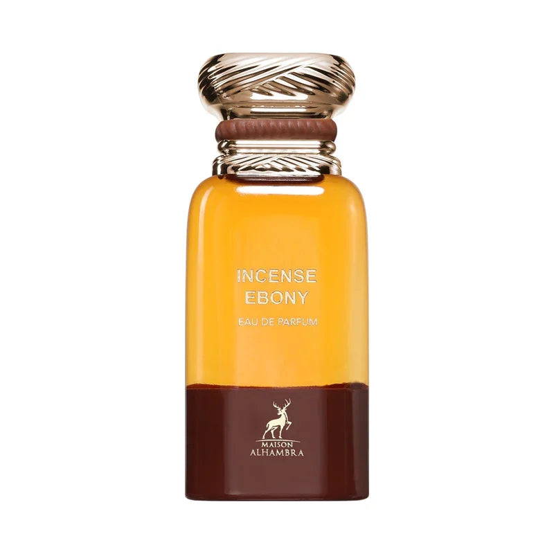 Flacon Incense Ebony Eau de Parfum avec couvercle doré et logo Maison Alhambra