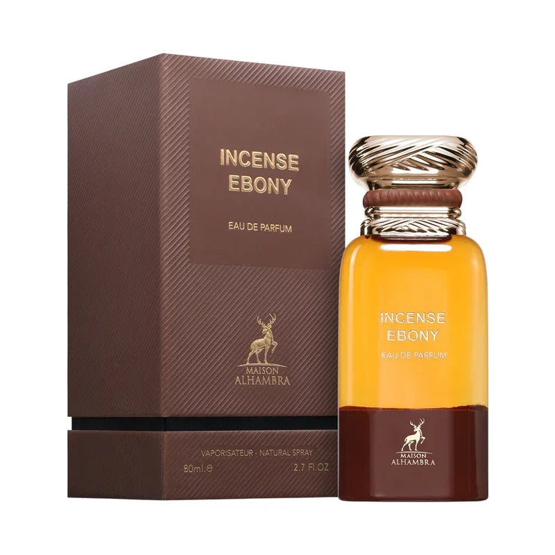 Eau de parfum Incense Ebony Maison Alhambra, flacon doré et boîte marron, 80ml