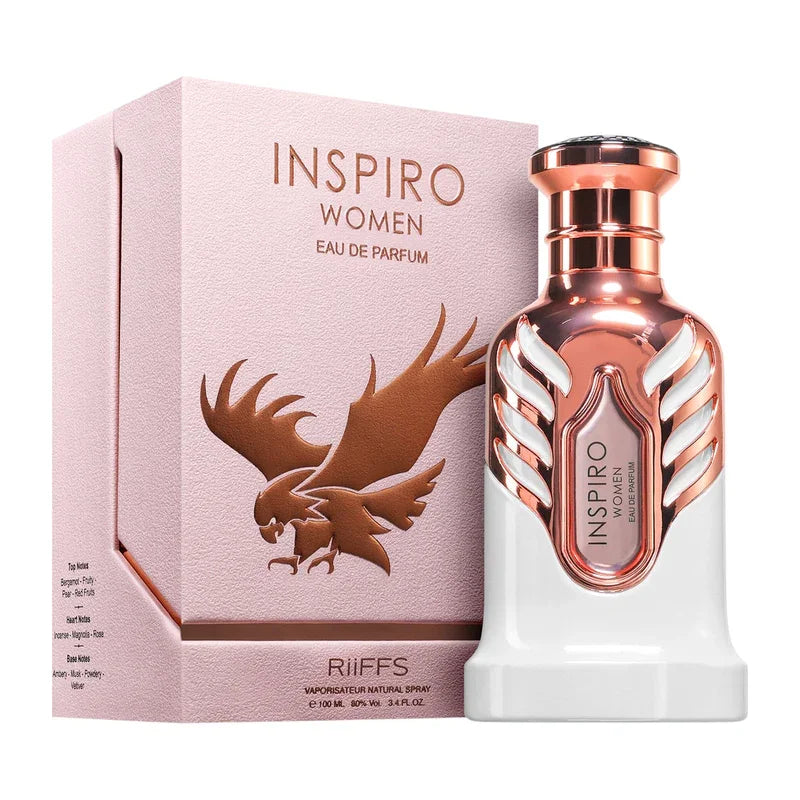 Parfum eau de parfum Inspiro Women pour femme avec flacon blanc et bouchon doré rose