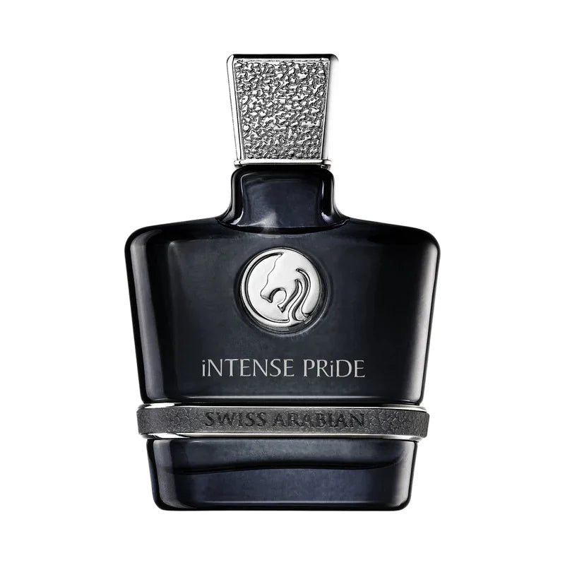 Parfum Intense Pride Swiss Arabian, flacon noir élégant avec capuchon texturé et logo lion