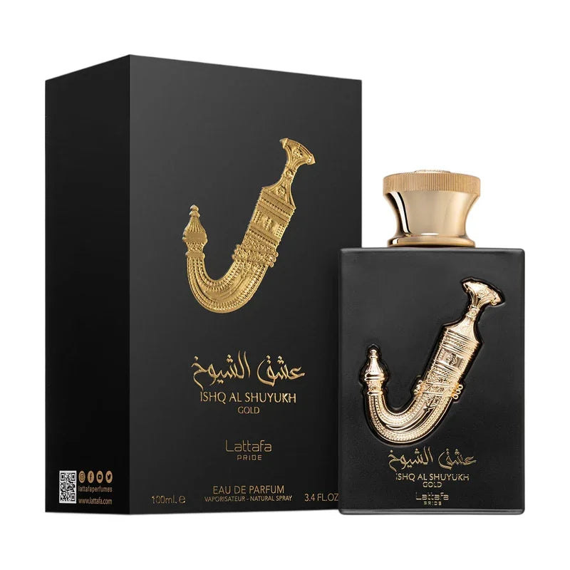 Parfum Lattafa Pride Ishq Al Shuyukh Gold pour homme, flacon noir et doré élégant.