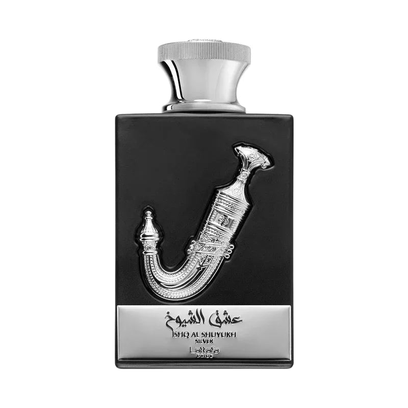 Parfum Ishq Al Shuyukh Silver dans un flacon noir élégant avec motif de dague argentée