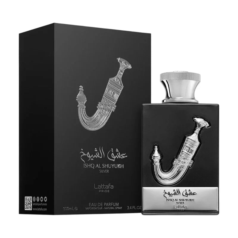 Parfum Lattafa Pride Ishq Al Shuyukh Silver pour homme en flacon noir et boîte élégante.