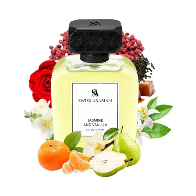 Parfum Swiss Arabian Jasmine and Vanilla Eau de Parfum entouré de fleurs et fruits frais
