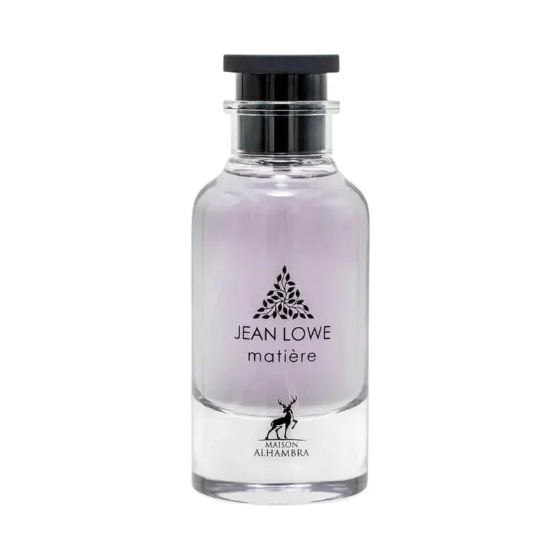 Parfum Jean Lowe matière par Maison Alhambra, flacon transparent avec bouchon noir et logo cerf