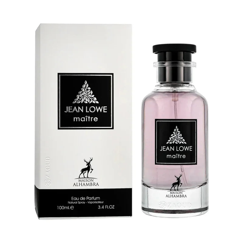 Jean Lowe Maître Eau de Parfum 100ml par Maison Alhambra, flacon transparent avec liquide rose et boîte blanche élégante