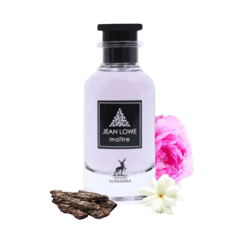 Parfum Jean Lowe Maître Alhambra avec fleurs roses et morceaux d'écorce de bois
