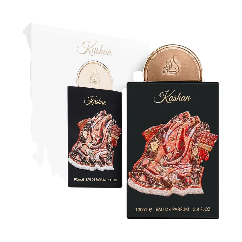 Parfum Kashan Eau de Parfum 100ml, flacon noir avec motif tissu oriental et capuchon doré