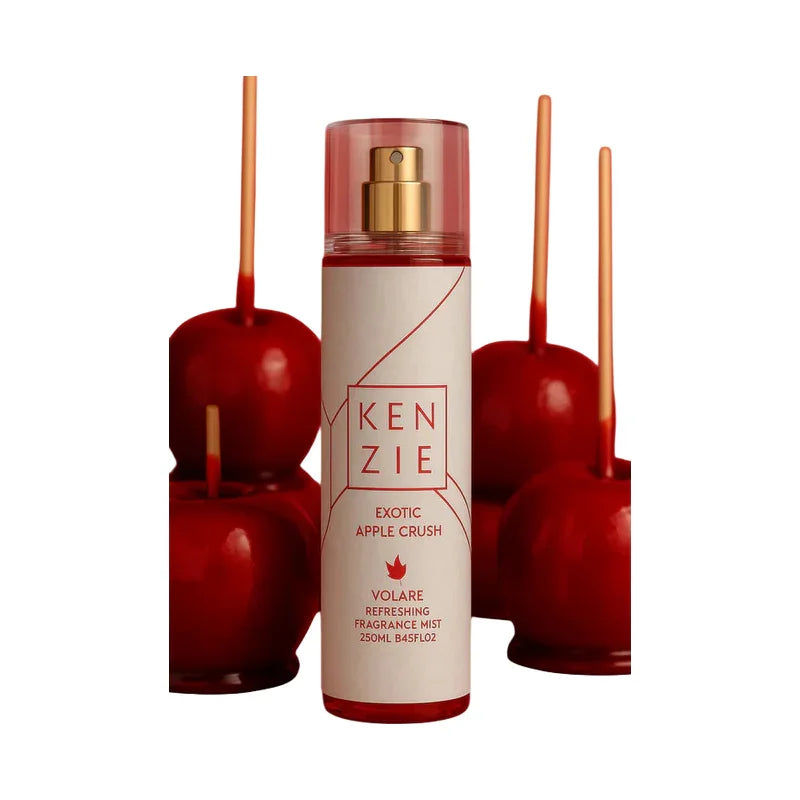 Brume parfumée Kenzie Exotic Apple Crush de 250ml entourée de pommes rouges décoratives.