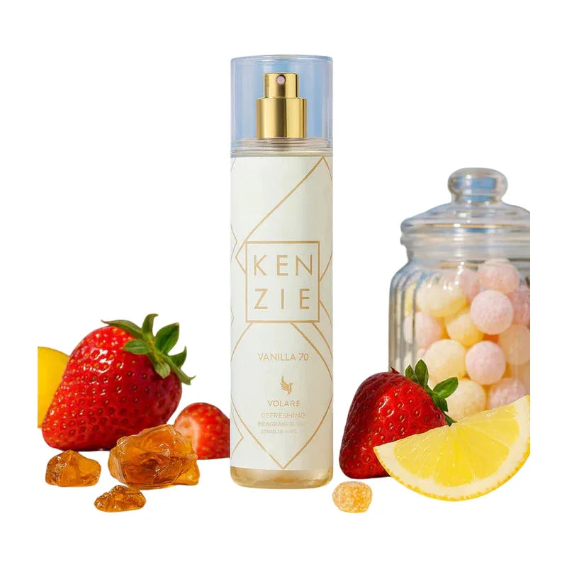 Brume parfumée Vanilla 70 de Kenzie entourée de fraises fraîches et de bonbons.