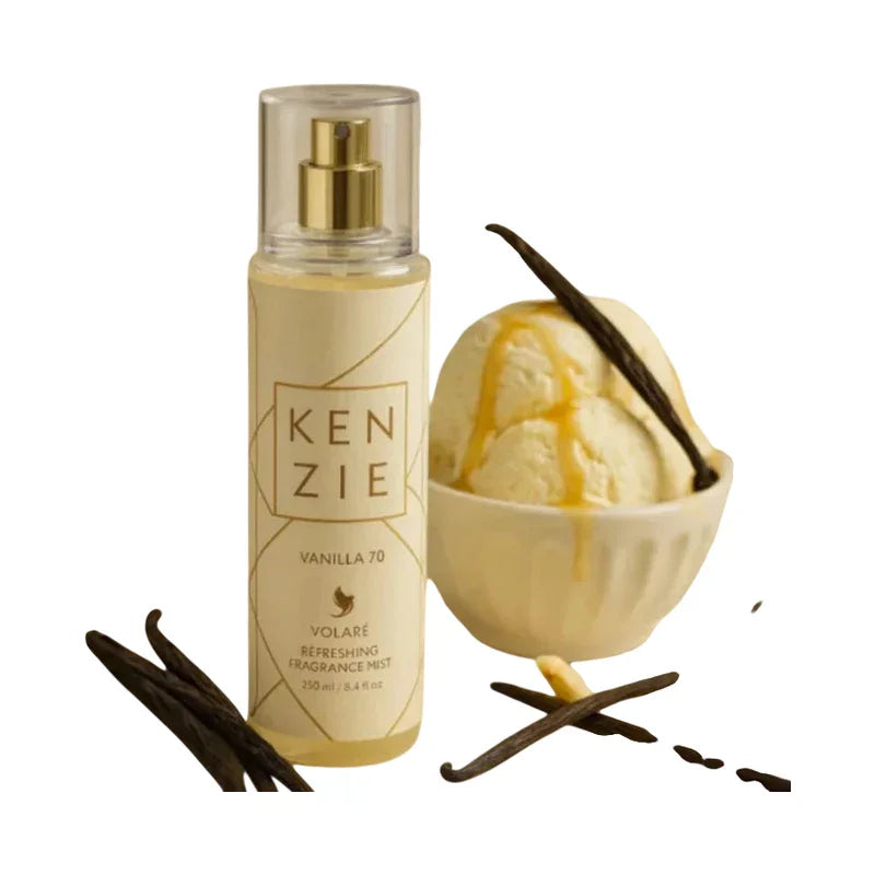Brume parfumée Kenzie Vanilla 70 avec une boule de glace à la vanille et des gousses de vanille.