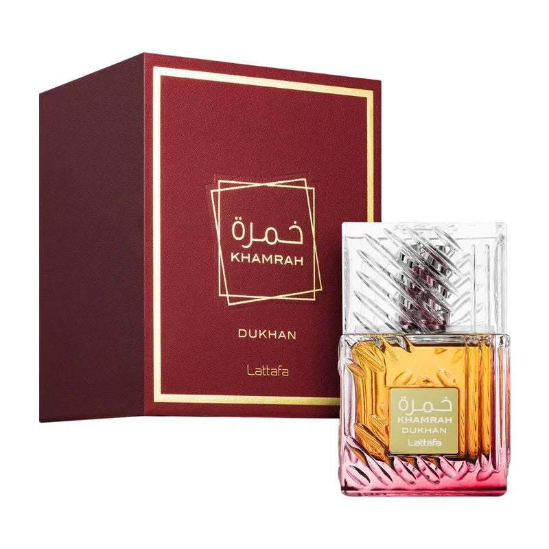 Parfum Khamrah Dukhan Lattafa avec flacon et boîte élégante, design luxueux et couleurs riches