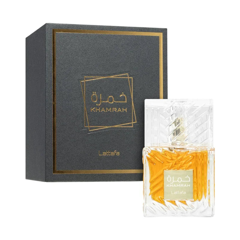 Parfum Khamrah de Lattafa dans son coffret noir et doré élégant.