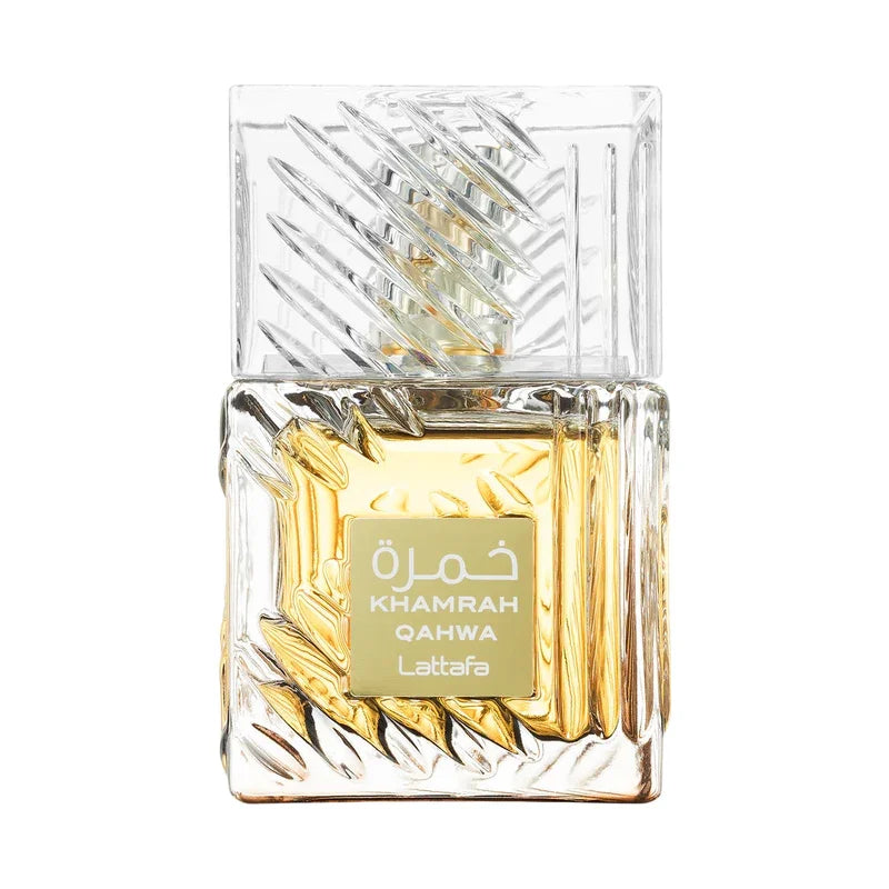 Flacon de parfum Khamrah Qahwa Lattafa, design cristal doré, fragrance orientale luxueuse