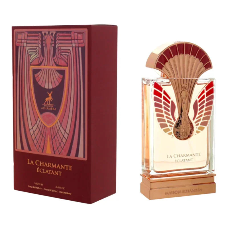Parfum La Charmante Éclatant de Maison Alhambra dans son coffret élégant rouge et doré.