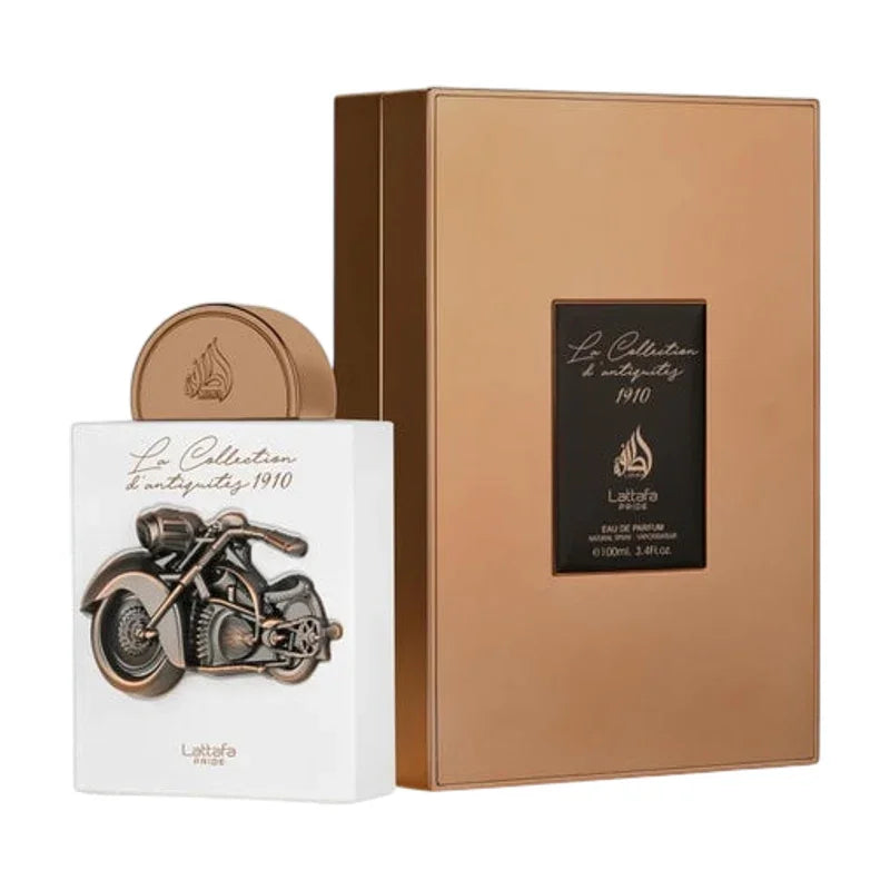 Parfum homme La Collection d'Antiquités 1910 avec flacon moto et coffret doré élégant