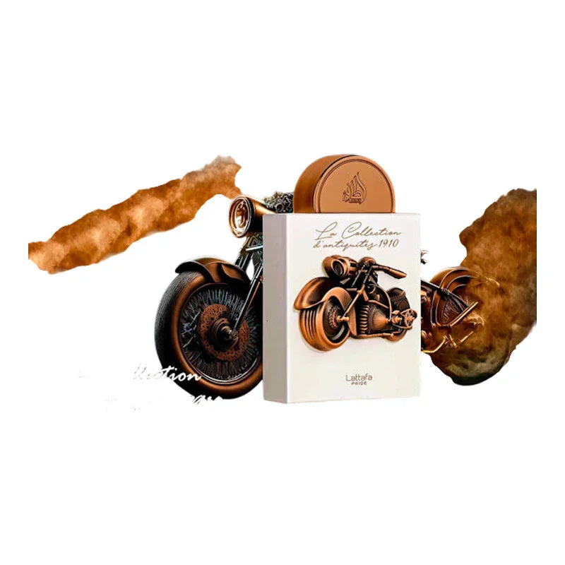 Parfum Lattafa Pride La Collection d'antiquités 1910 avec motif moto vintage