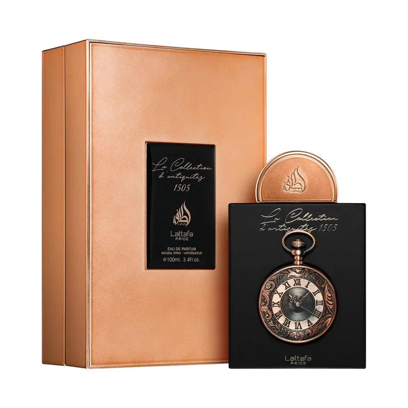 Parfum Lattafa Pride 1505, flacon montre vintage, coffret cuir doré, eau de parfum 100ml