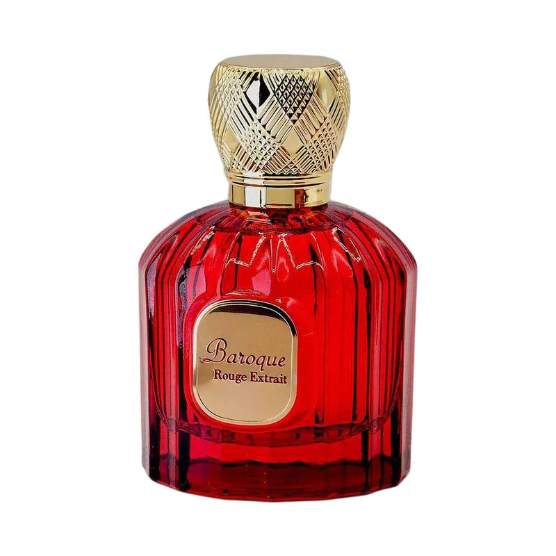 Flacon de parfum rouge Baroque Rouge Extrait avec bouchon doré travaillé