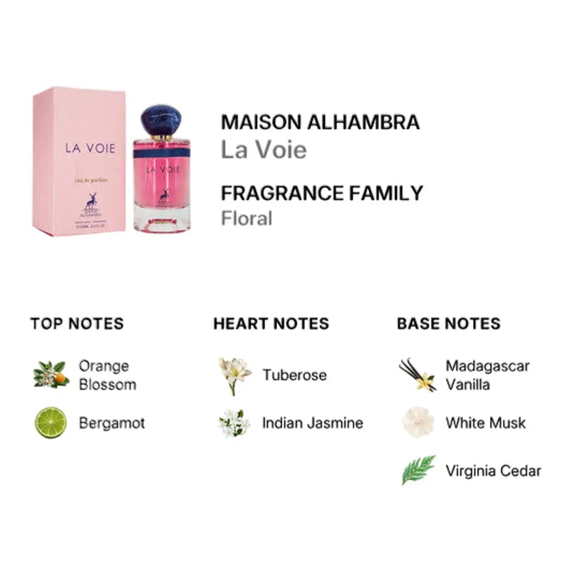 Parfum floral La Voie de Maison Alhambra avec notes de tubéreuse, jasmin et vanille de Madagascar.