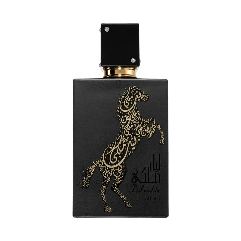 Flacon de parfum noir luxueux avec motif de cheval doré en calligraphie arabe