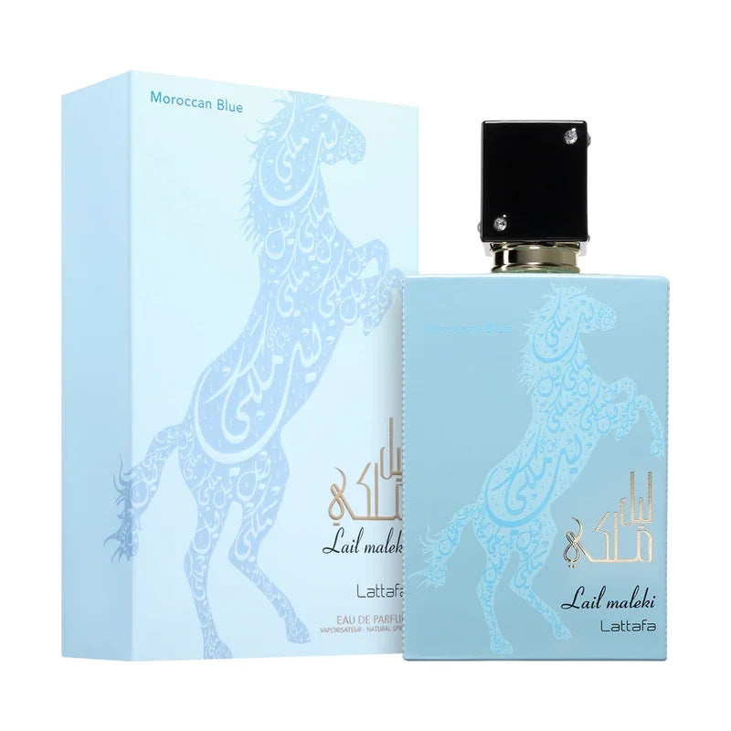 Parfum Lail maleki Moroccan Blue, flacon bleu avec cheval calligraphique, eau de parfum Lattafa