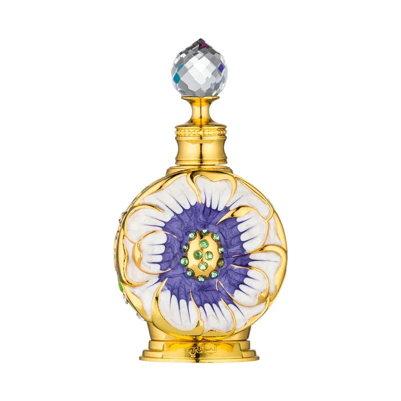 Flacon parfum luxe doré avec fleur violette émaillée et strass, design élégant et raffiné
