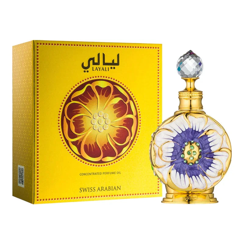 Flacon de parfum Layali avec fleur violette et emballage doré, huile parfumée concentrée