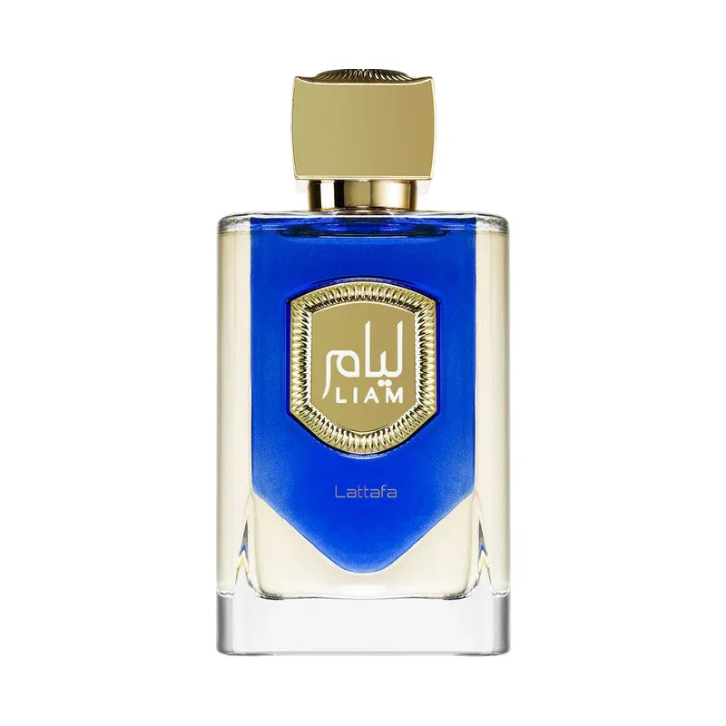Parfum Lattafa Liam pour homme dans un flacon bleu et doré élégant