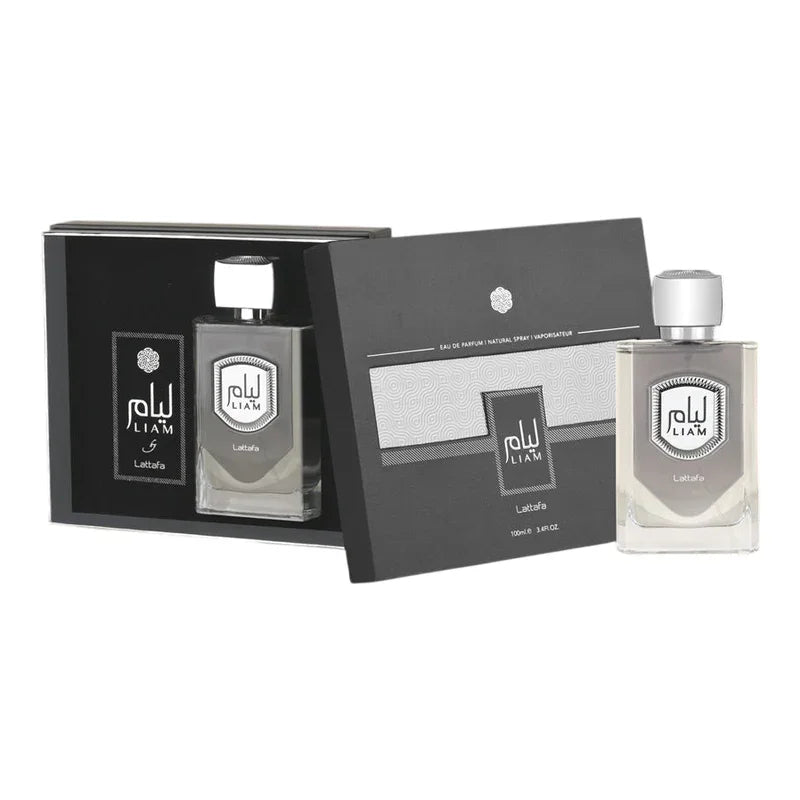 Parfum Eau de Parfum Liam de Lattafa avec son coffret cadeau élégant noir et argent.