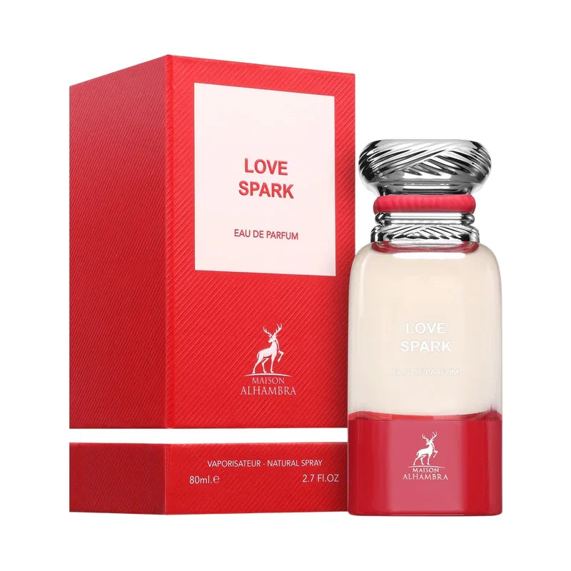 Love Spark Eau de Parfum 80ml par Maison Alhambra, flacon élégant avec boîte rouge texturée