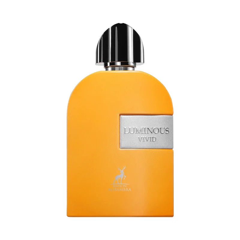 Flacon de parfum Luminous Vivid orange avec capuchon noir et logo Maison Alhambra