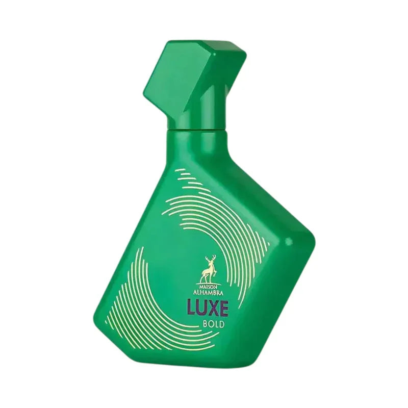 Flacon vert Luxe Bold Maison Alhambra, design géométrique et motif cerf, parfum de niche élégant