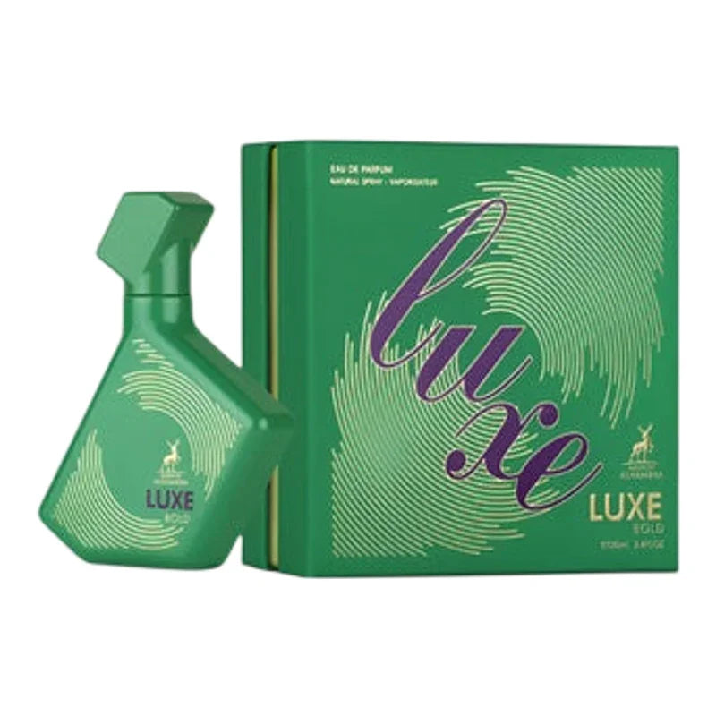 Parfum Luxe Gold en flacon vert avec boîte assortie, eau de parfum élégante
