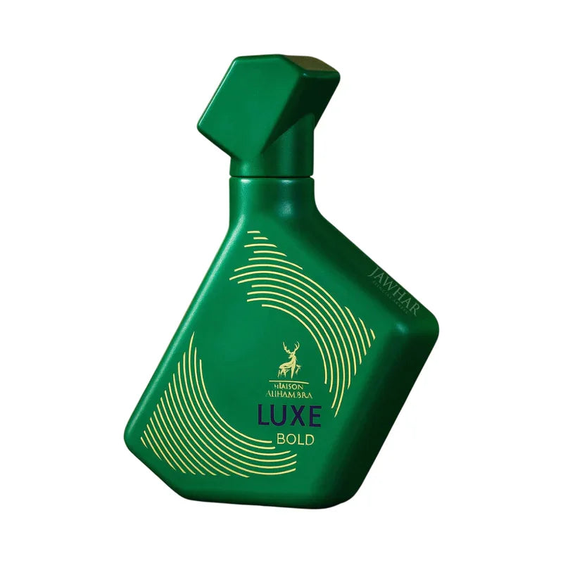 Parfum Luxe Bold vert émeraude, flacon élégant avec motif doré et logo cerf, design moderne et raffiné