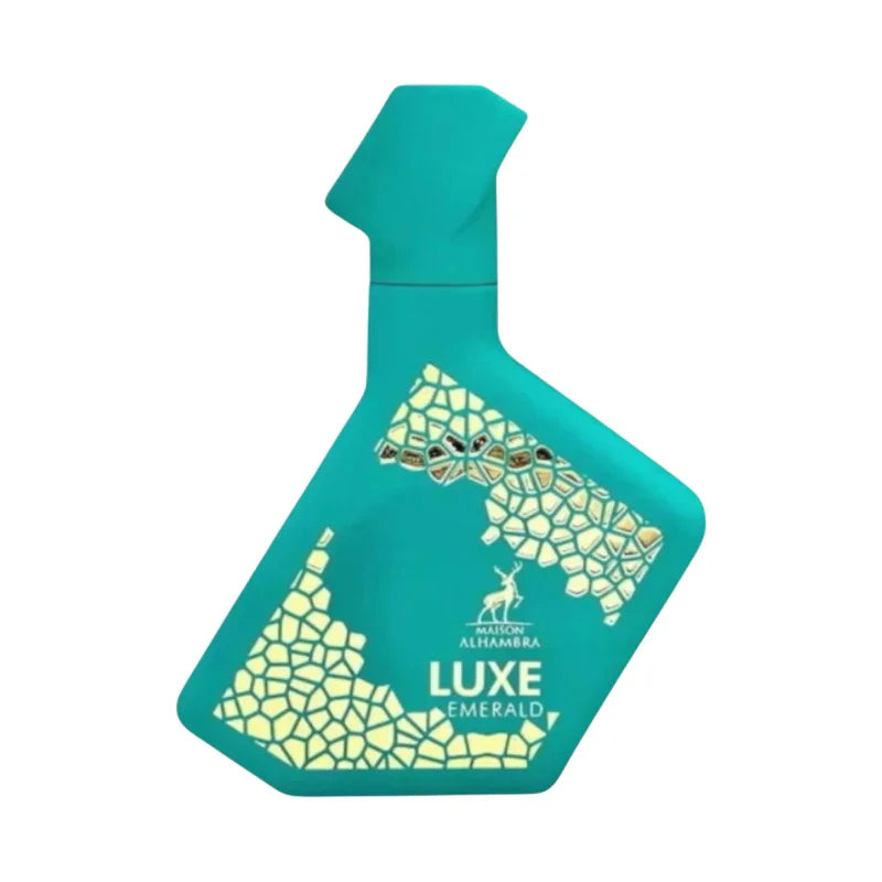 Flacon parfum Luxe Emerald vert émeraude avec motif mosaïque dorée et logo Maison Alhambra