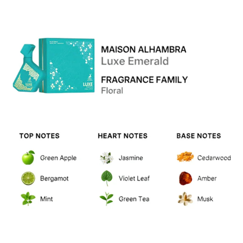 Parfum Luxe Emerald de Maison Alhambra, notes florales vertes : pomme verte, jasmin, thé vert, musc