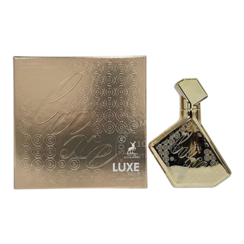 Parfum Luxe Gold dans son flacon élégant et son coffret doré texturé.