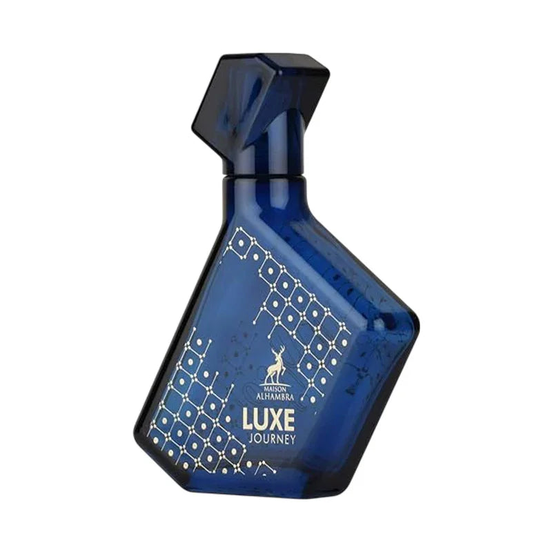 Flacon de parfum bleu nuit Maison Alhambra Luxe Journey avec motifs dorés