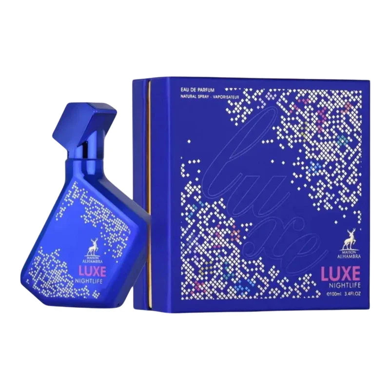 Parfum Eau de Parfum Luxe Nightlife de Maison Alhambra dans son flacon et étui bleu.