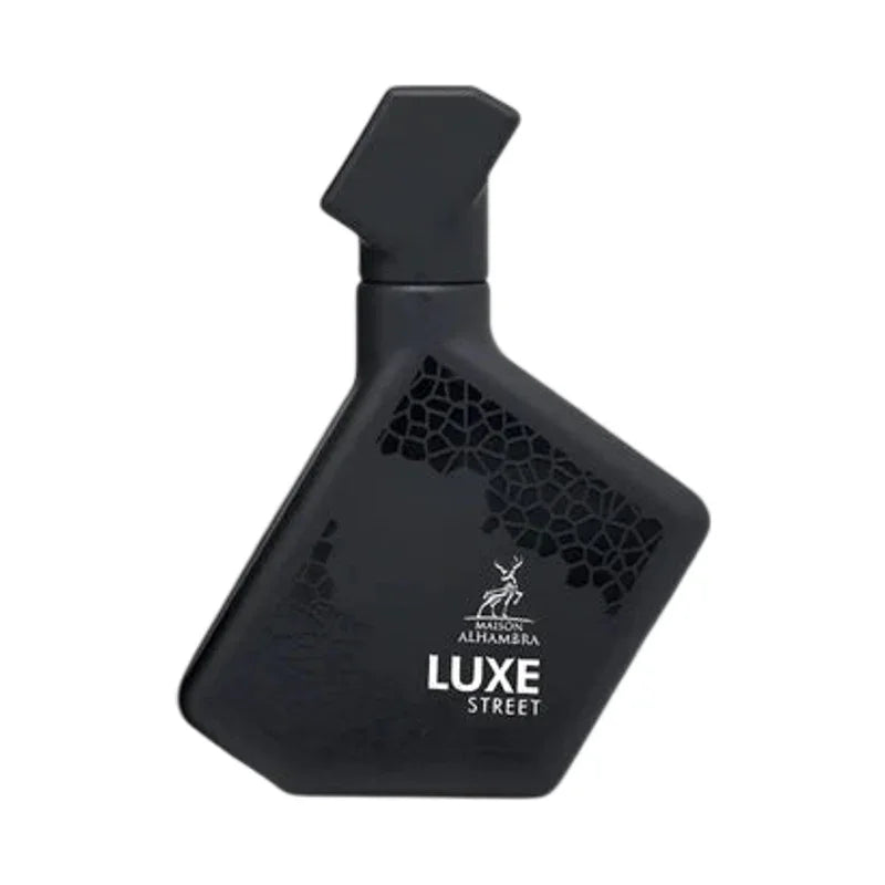 Flacon de parfum noir Maison Alhambra Luxe Street au design géométrique moderne