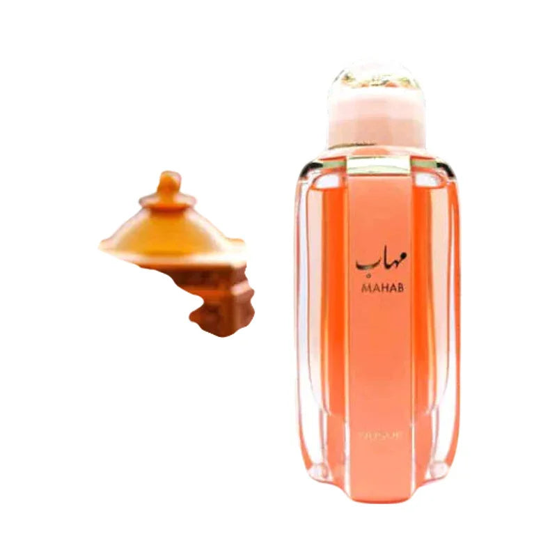 Flacon de parfum Mahab orange avec capuchon décoratif sur fond blanc