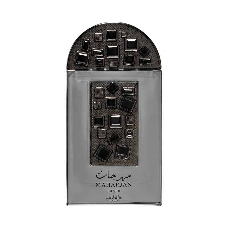 Parfum Lattafa Pride Maharjan Silver pour homme avec flacon décoré de pierres noires