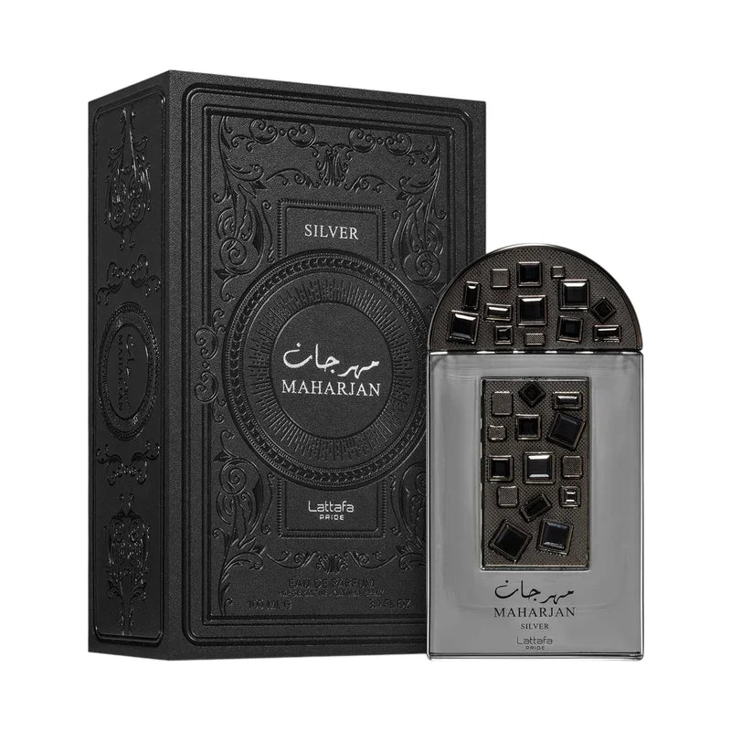 Parfum Lattafa Pride Maharjan Silver pour homme dans son coffret noir élégant.
