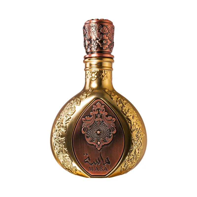 Flacon de parfum doré orné de motifs orientaux et bouchon travaillé Masa