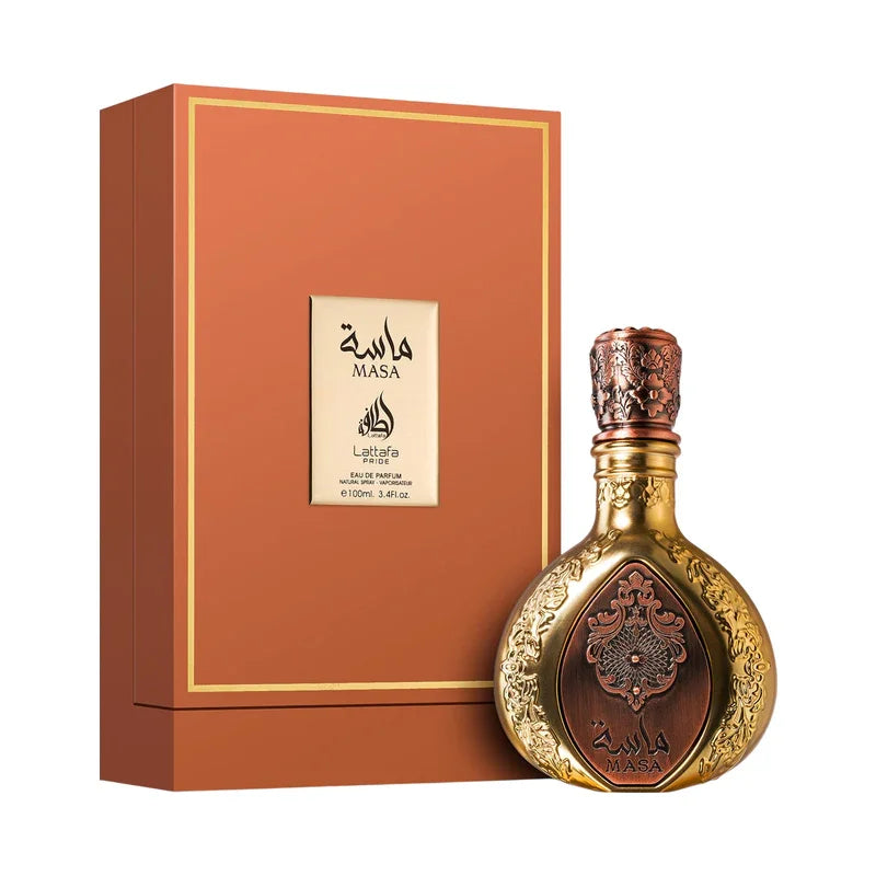 Parfum Masa de Lattafa Pride en flacon doré sculpté et son coffret cadeau orange.