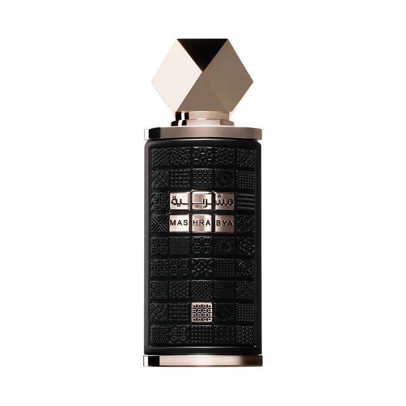 Flacon de parfum Mashrabiya noir avec capuchon doré et motifs arabesques