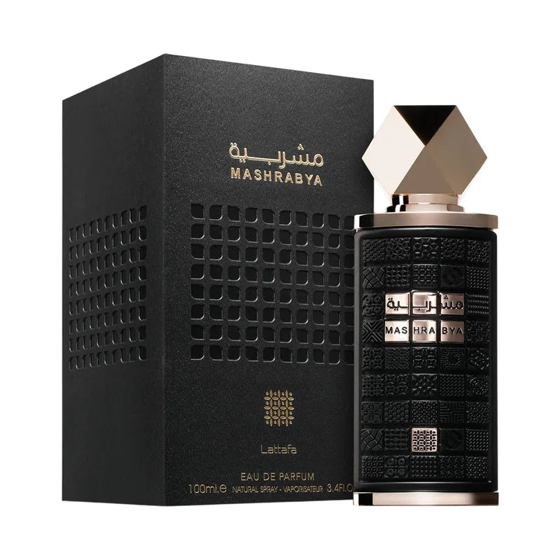 Mashrabya Eau de Parfum Lattafa, flacon noir texturé et boîte luxueuse, parfum oriental premium