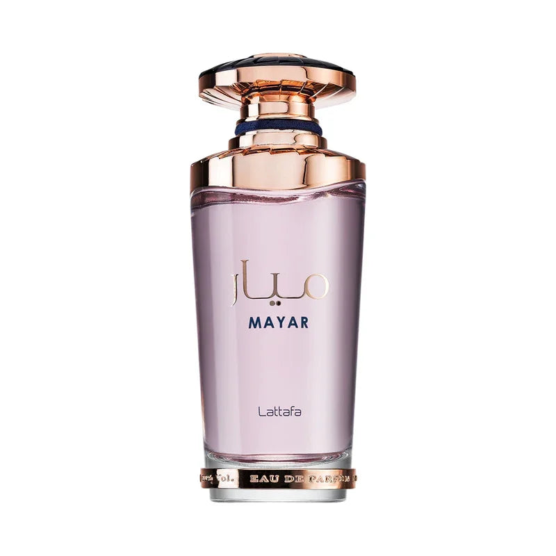 Parfum Mayar de Lattafa pour femme, flacon élégant rose avec bouchon doré.